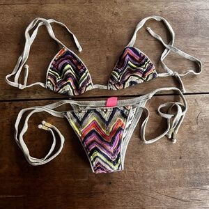 Farm Rio - unique crochet bikini (colorful zig-zag print with shining filaments)